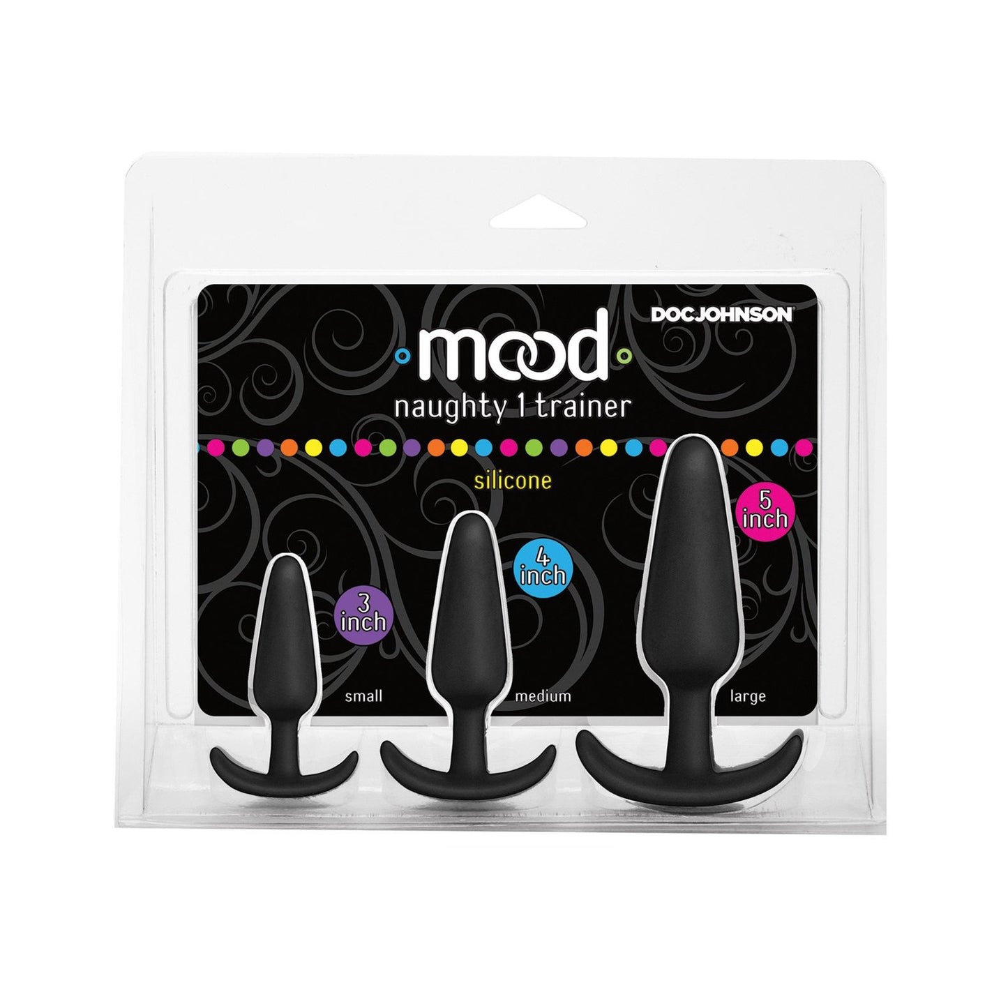 The Mood Naughty 1 Anal Trainer Set by Doc Johnson, featuring a comprehensive kit of three black silicone butt plugs labeled small, medium, and large, comes in packaging adorned with decorative swirls.
