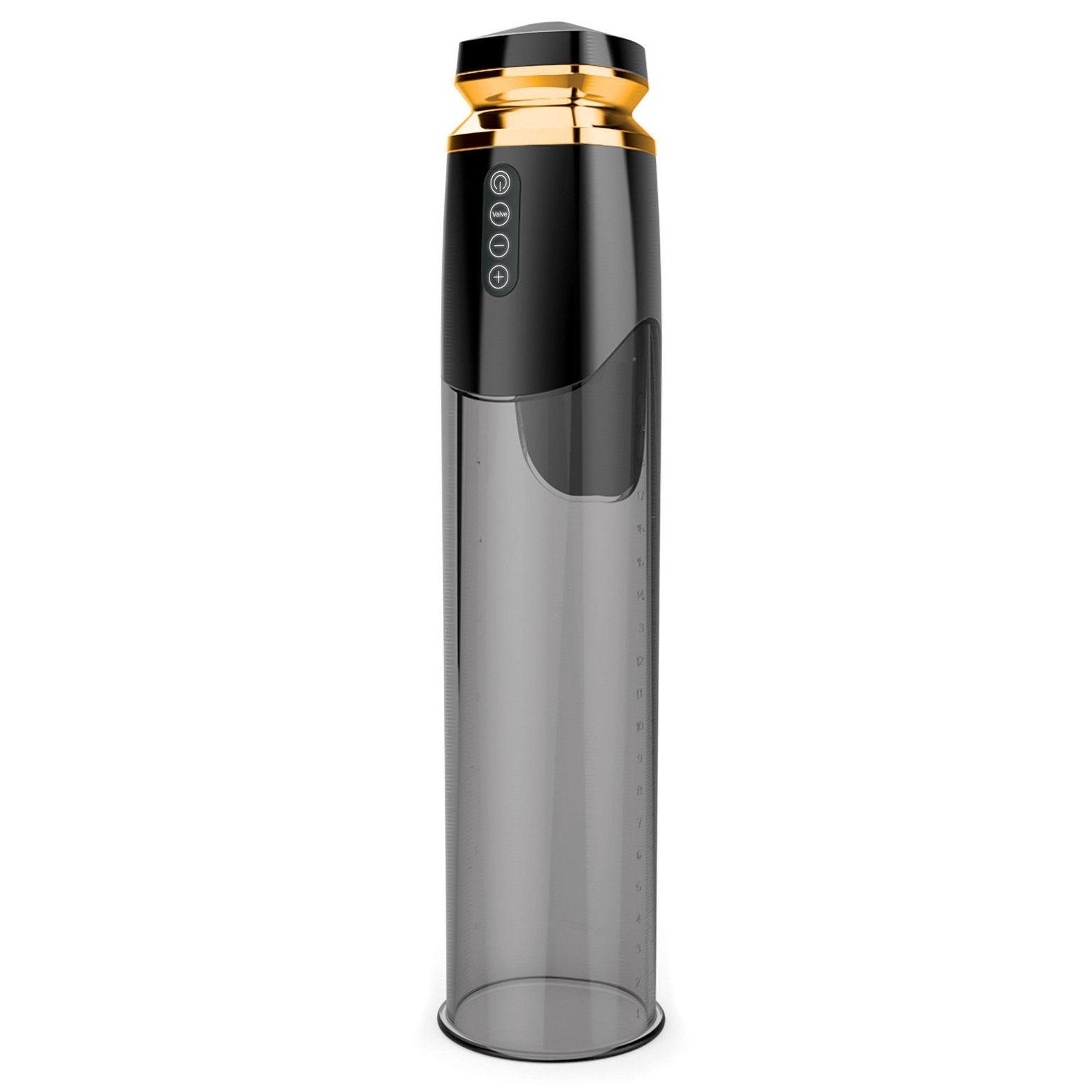 Explore the Mother Sucker Penis Pump Rechargeable by Mother Sucker, an electric device in black and gold with a transparent lower section and top control buttons. It features a TPE mouth for comfort and is USB rechargeable for convenience.