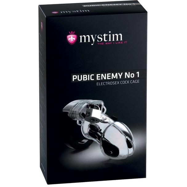 The product box for Mystim Pubic Enemy #1 Cock Cage by Adams Toy Box displays an image of the shiny, adjustable electrosex cock cage. Its transparent design highlights a sleek metallic finish, with the brand logo prominently featured at the top.