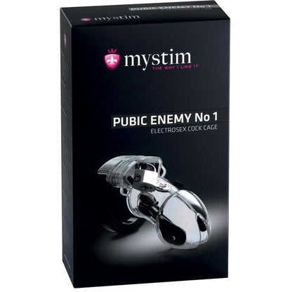 The product box for Mystim Pubic Enemy #1 Cock Cage by Adams Toy Box displays an image of the shiny, adjustable electrosex cock cage. Its transparent design highlights a sleek metallic finish, with the brand logo prominently featured at the top.