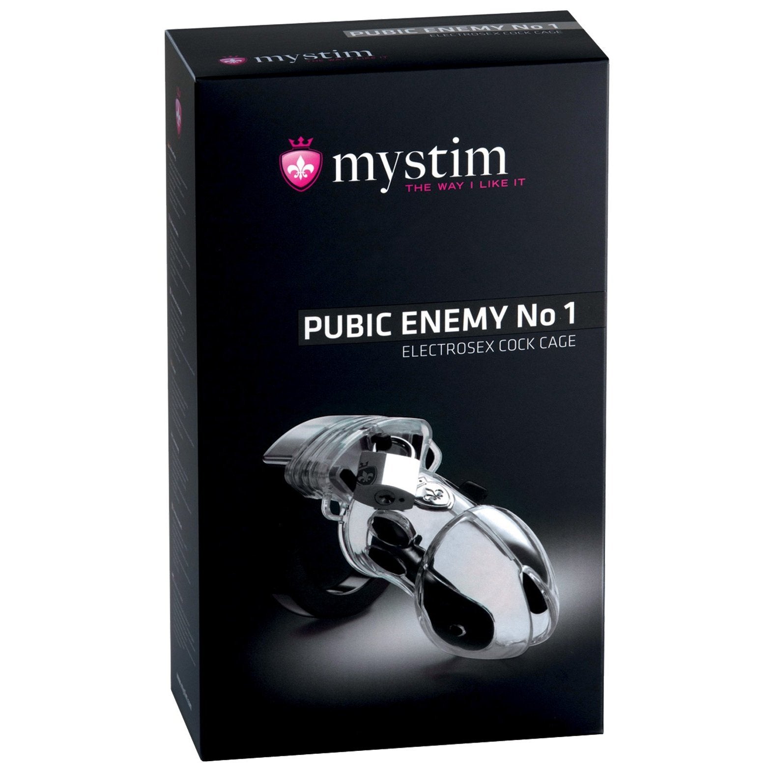 The box packaging for the Mystim Pubic Enemy #1 Cock Cage by Adams Toy Box shows a sleek, adjustable silver device on a sophisticated black background.