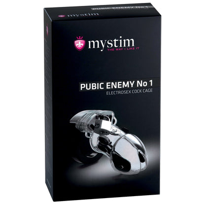 The box packaging for the Mystim Pubic Enemy #1 Cock Cage by Adams Toy Box shows a sleek, adjustable silver device on a sophisticated black background.