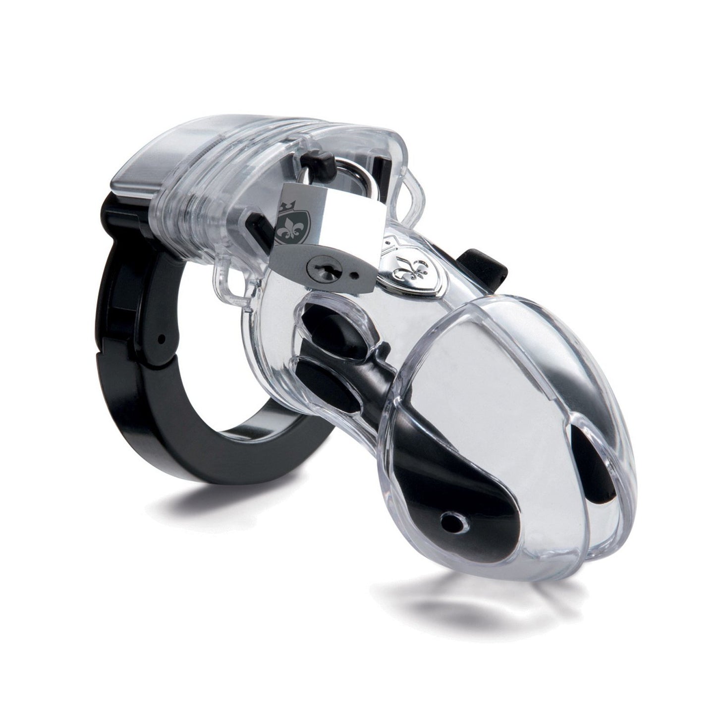 The Mystim Pubic Enemy #1 Cock Cage by Adams Toy Box is a sleek transparent, adjustable device featuring a black locking ring and small metallic padlock to restrict access and prevent removal.