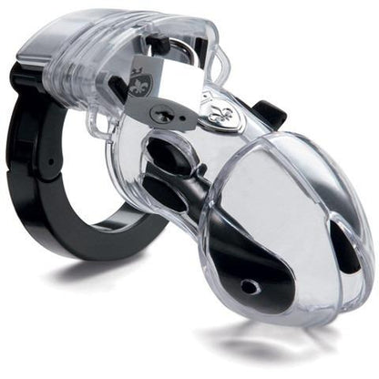 The Mystim Pubic Enemy #1 Cock Cage by Adams Toy Box is an adjustable transparent plastic cage with a black circular ring for male genital confinement, featuring a secure lock on top.