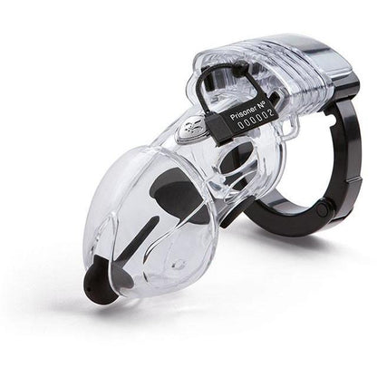 The Mystim Pubic Enemy #2 Cock Cage, made of transparent plastic, features a black lock and small keyhole at the top, providing both security and intrigue.
