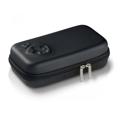 The Mystim Pubic Enemy #2 Cock Cage comes in a sleek rectangular black zipper case, featuring a raised shield emblem and two metallic pulls engraved with text. Perfect for discreet storage of items, it combines functionality with refined design.