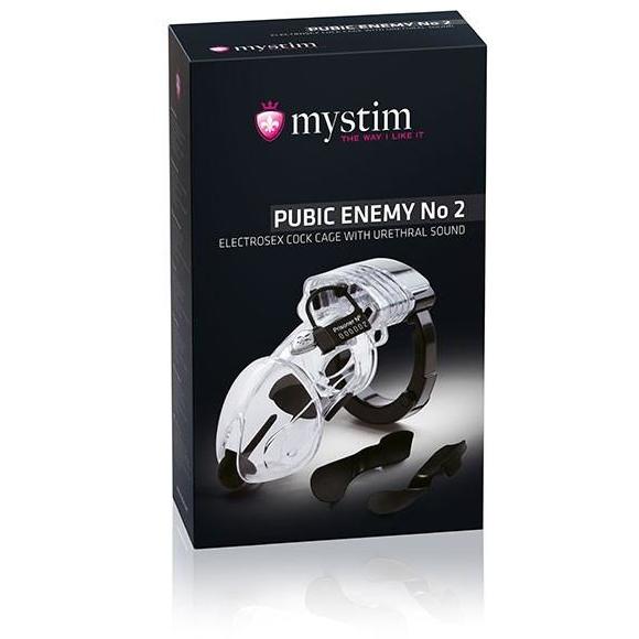 Mystim Pubic Enemy #2 Cock Cage is an electric cock cage offering an e-stim jolt and urethral sound, packaged in sleek black with white and pink text, featuring a product image on the front.