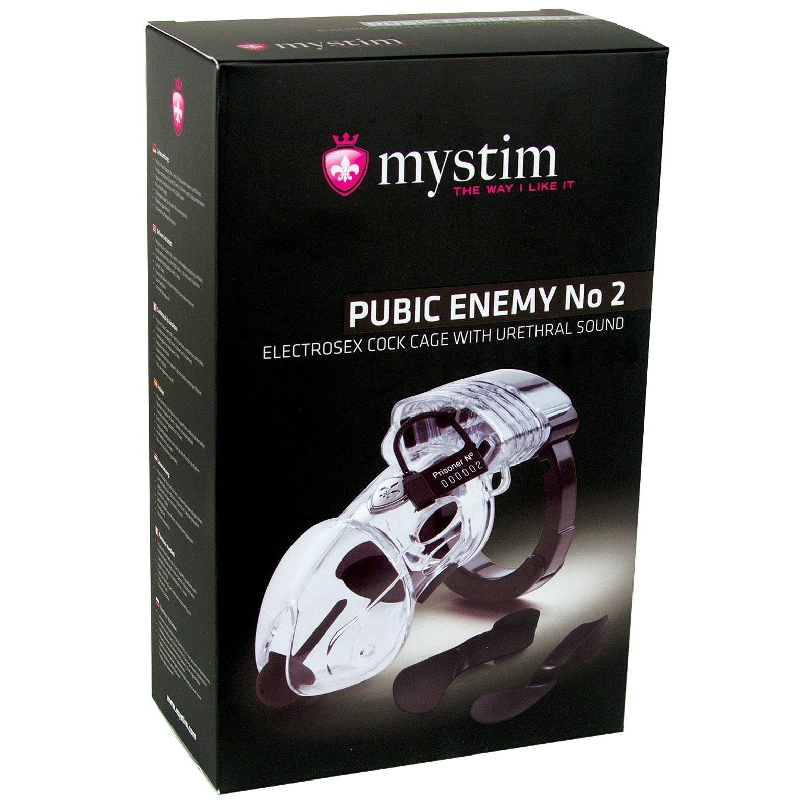 The Mystim Pubic Enemy #2 Cock Cage arrives in a sleek black box featuring an image of an electrosex cock cage with urethral sound. Set against a black background, the striking pink and white text and logos hint at an enticing e-stim experience.