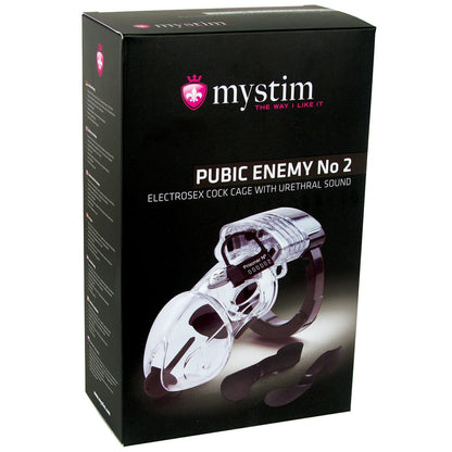 The Mystim Pubic Enemy #2 Cock Cage arrives in a sleek black box featuring an image of an electrosex cock cage with urethral sound. Set against a black background, the striking pink and white text and logos hint at an enticing e-stim experience.