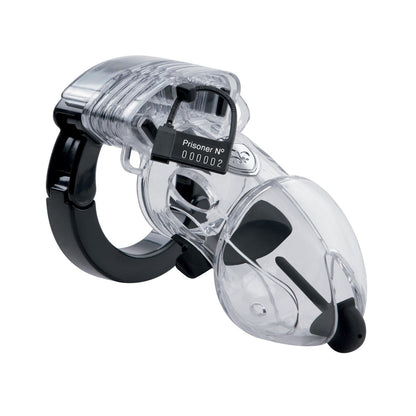 The Mystim Pubic Enemy #2 Cock Cage is a transparent plastic device with a black locking mechanism and a number tag, combining security with a sleek design.