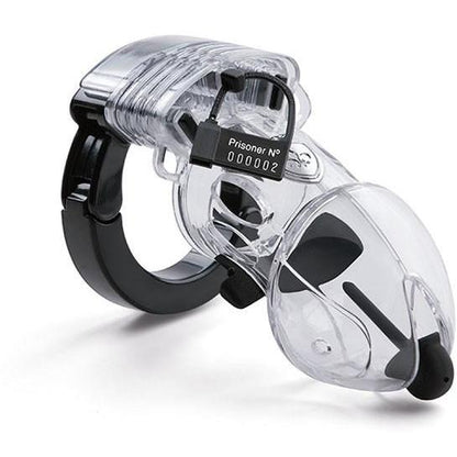 The Mystim Pubic Enemy #2 Cock Cage, featuring a clear design with a lock and black ring, promises intrigue and restraint.