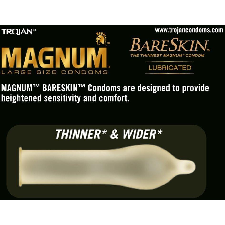 Image of New Trojan Magnum Bareskin Condoms package (Box of 10). Features: Large Size, Thin Latex, and Lubricated for enhanced sensitivity and comfort. Visit www.trojancondoms.com.