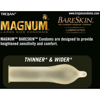 Image of New Trojan Magnum Bareskin Condoms package (Box of 10). Features: Large Size, Thin Latex, and Lubricated for enhanced sensitivity and comfort. Visit www.trojancondoms.com.