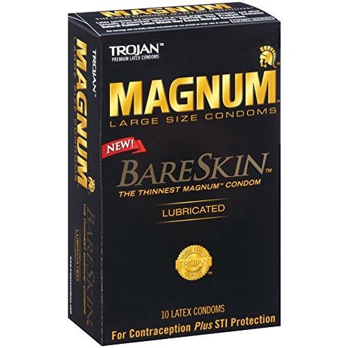 The New Trojan Magnum Bareskin Condoms box of 10 boasts a sleek black design with gold and red accents, highlighting the thinnest Magnum condom. Inside are 10 lubricated latex condoms for contraception and STI protection.