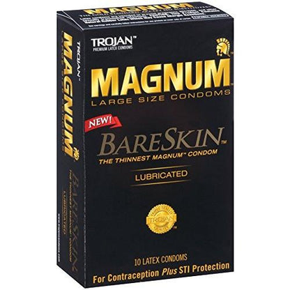 The New Trojan Magnum Bareskin Condoms box of 10 boasts a sleek black design with gold and red accents, highlighting the thinnest Magnum condom. Inside are 10 lubricated latex condoms for contraception and STI protection.
