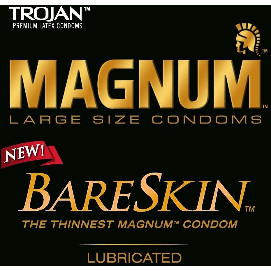 The new Trojan Magnum Bareskin Condoms (box of 10) feature sleek packaging with a black background and gold and white text, highlighting Large Size Condoms and The Thinnest Magnum Condom. A bold red label announces New! emphasizing premium comfort and safety.
