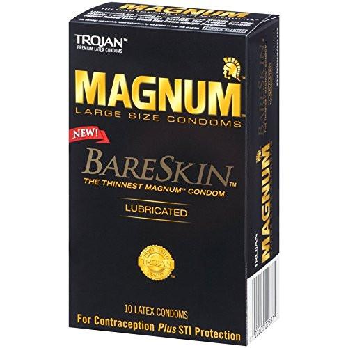 New Trojan Magnum Bareskin Condoms - Box of 10, known as The thinnest Magnum condom, provide reliable contraception and STI protection. The packaging features a stylish design with a black background and gold and red text for eye-catching appeal.