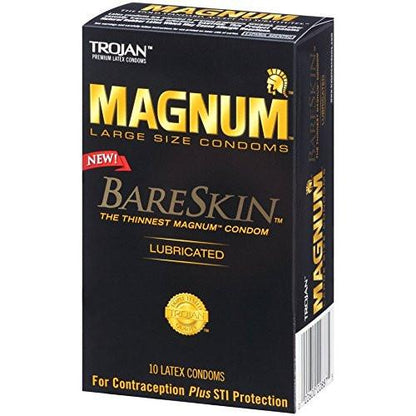 New Trojan Magnum Bareskin Condoms - Box of 10, known as The thinnest Magnum condom, provide reliable contraception and STI protection. The packaging features a stylish design with a black background and gold and red text for eye-catching appeal.