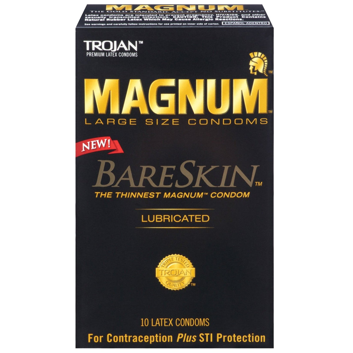 Box of 10 New Trojan Magnum Bareskin Condoms in stylish black and gold packaging. Highlights The Thinnest Magnum Condom and Lubricated. These thin latex condoms are designed for contraception and STI protection.