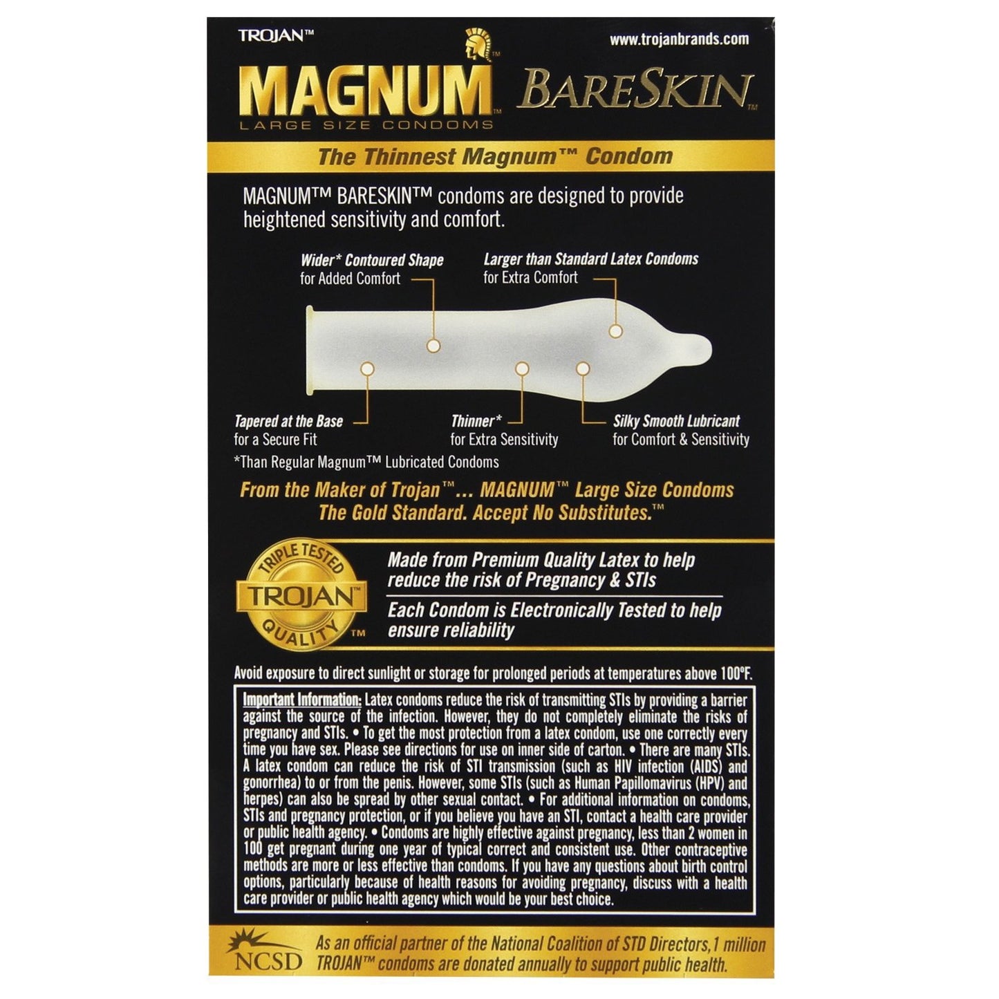 Box of 10 New Trojan Magnum Bareskin condoms, showcasing thin latex for heightened sensitivity and comfort. The packaging highlights quality and electronic testing to ensure reliability.