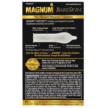 Box of 10 New Trojan Magnum Bareskin condoms, showcasing thin latex for heightened sensitivity and comfort. The packaging highlights quality and electronic testing to ensure reliability.