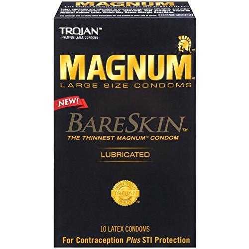 Image of a box of New Trojan Magnum Bareskin Condoms - Box of 10. The sleek black packaging with gold lettering highlights The Thinnest Magnum Condom and Lubricated, featuring 10 thin latex condoms for contraception and STI protection.
