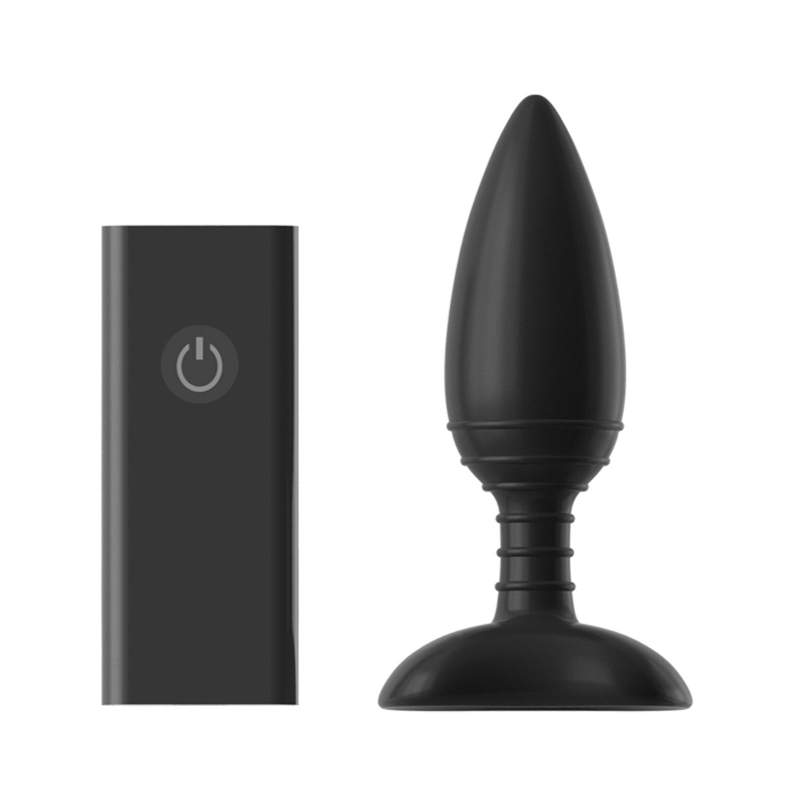 The Nexus Ace Remote Control Butt Plug Small by Nexus is made from waterproof silicone for durability and comfort. This black plug has a tapered design, ribbed neck, and round base. Its wireless remote features a circular power button for easy use.