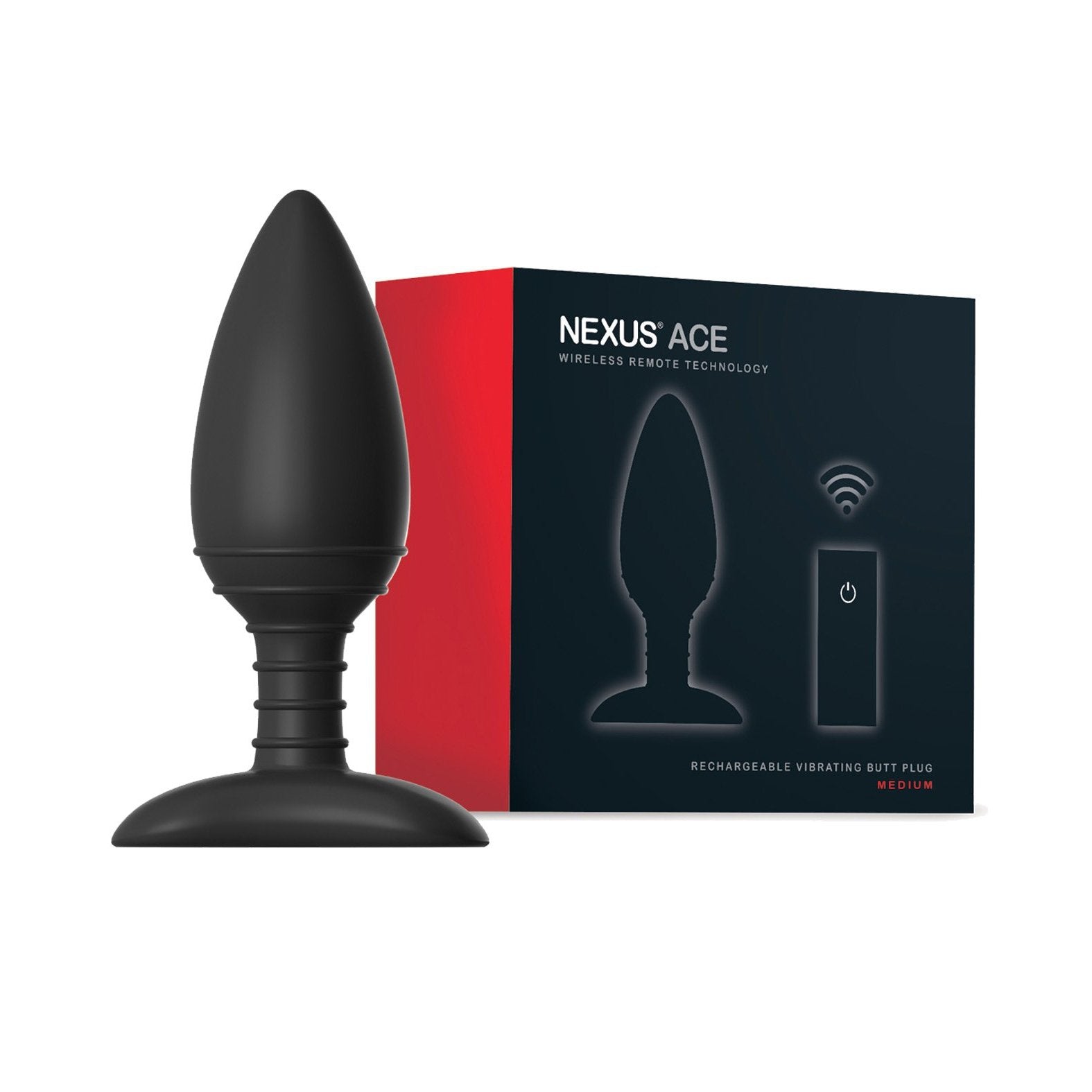 A Nexus Ace Remote Control Medium Butt Plug, colored black, is displayed next to its packaging. The red and black box features an image of the product and the text Nexus Ace Remote Control.