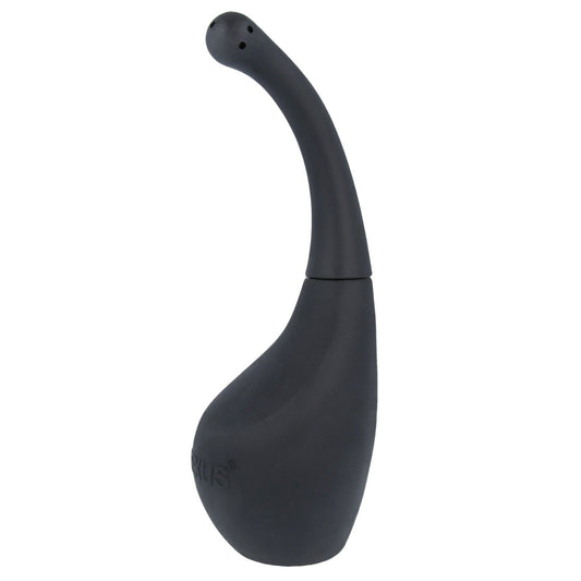 A sleek, black ergonomic design with a bulbous base and slender, angled neck crafted for intimate cleansing—reminiscent of the Nexus Douche Pro by Nexus.