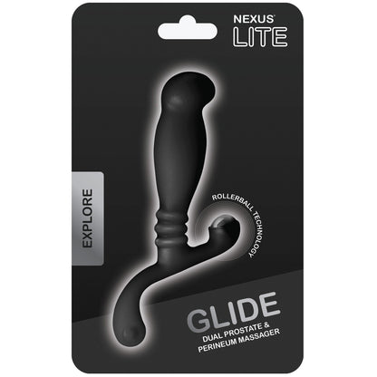 The Nexus Glide Prostate Massager features a sleek black, curved design for dual prostate and perineum stimulation. Its packaging highlights this against a dark background, with Explore on the side, showcasing its innovative rollerball technology.