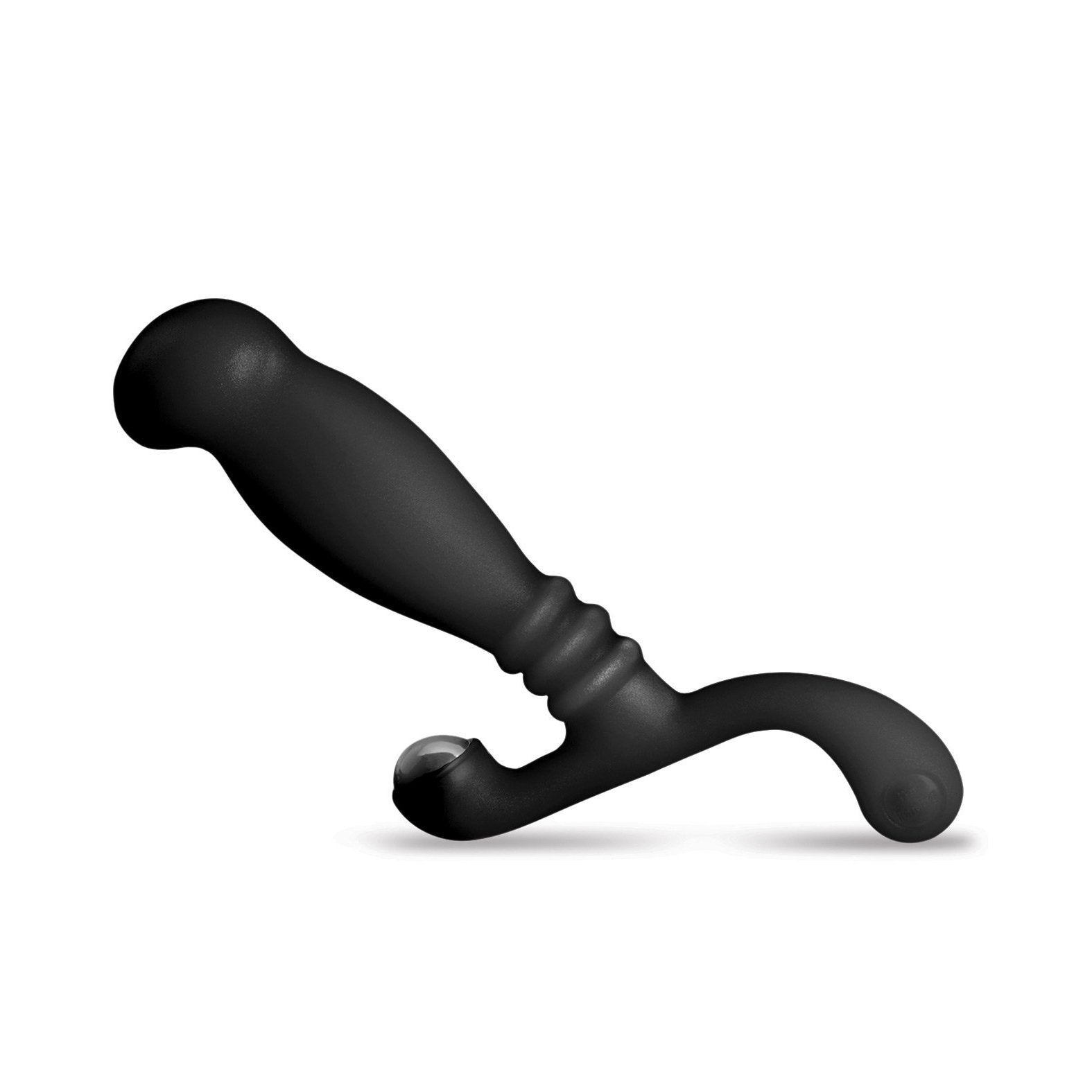 The Nexus Glide Prostate Massager by Nexus in black boasts an ergonomic design with a curved handle and rounded edges for deep tissue and perineum stimulation, showcased elegantly on a white background.