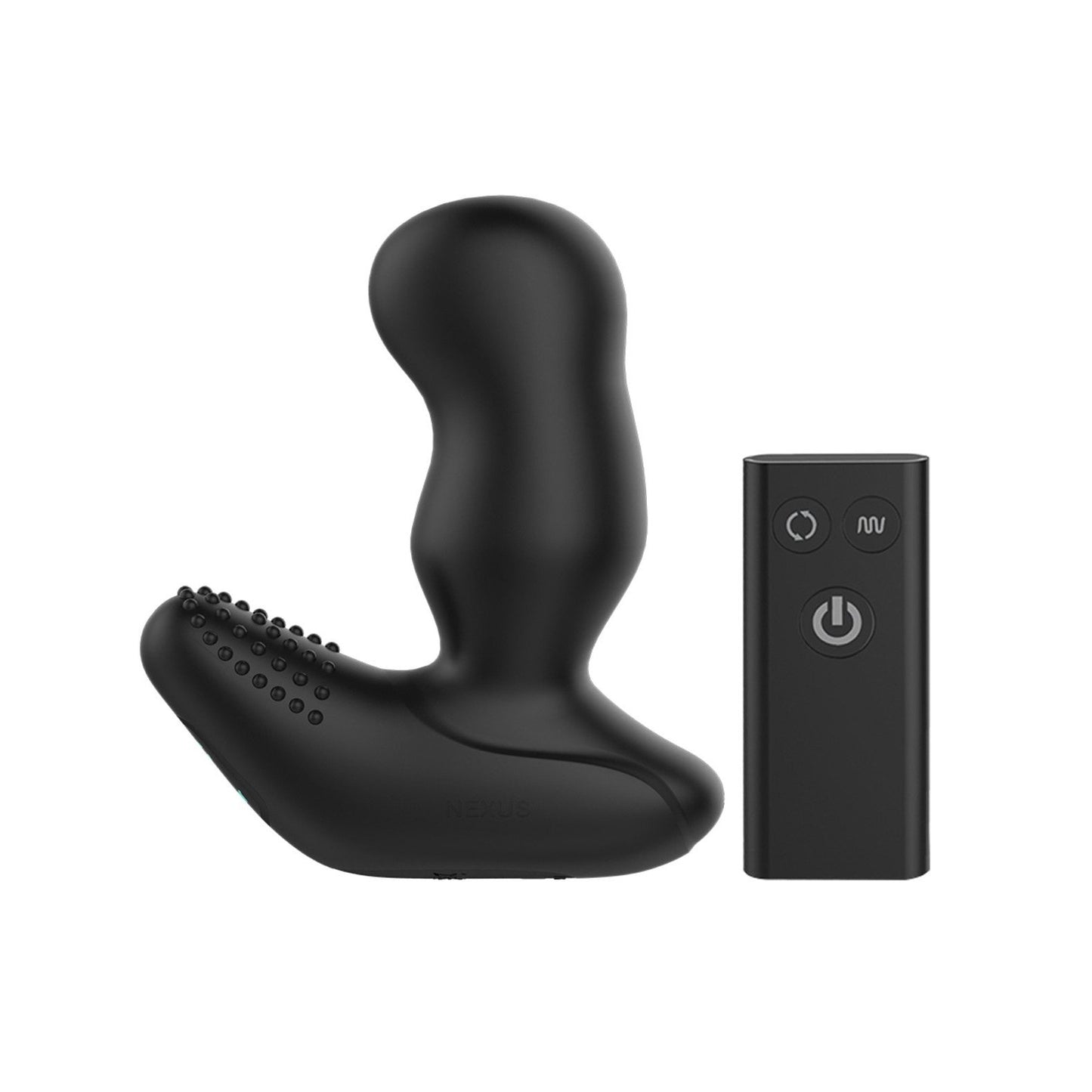 On the left, the Nexus Revo Extreme features a black, textured rotating prostate massager with a noduled vibrating base. On the right, a sleek black rectangular remote with power and function buttons stands out, all set against a crisp white background.