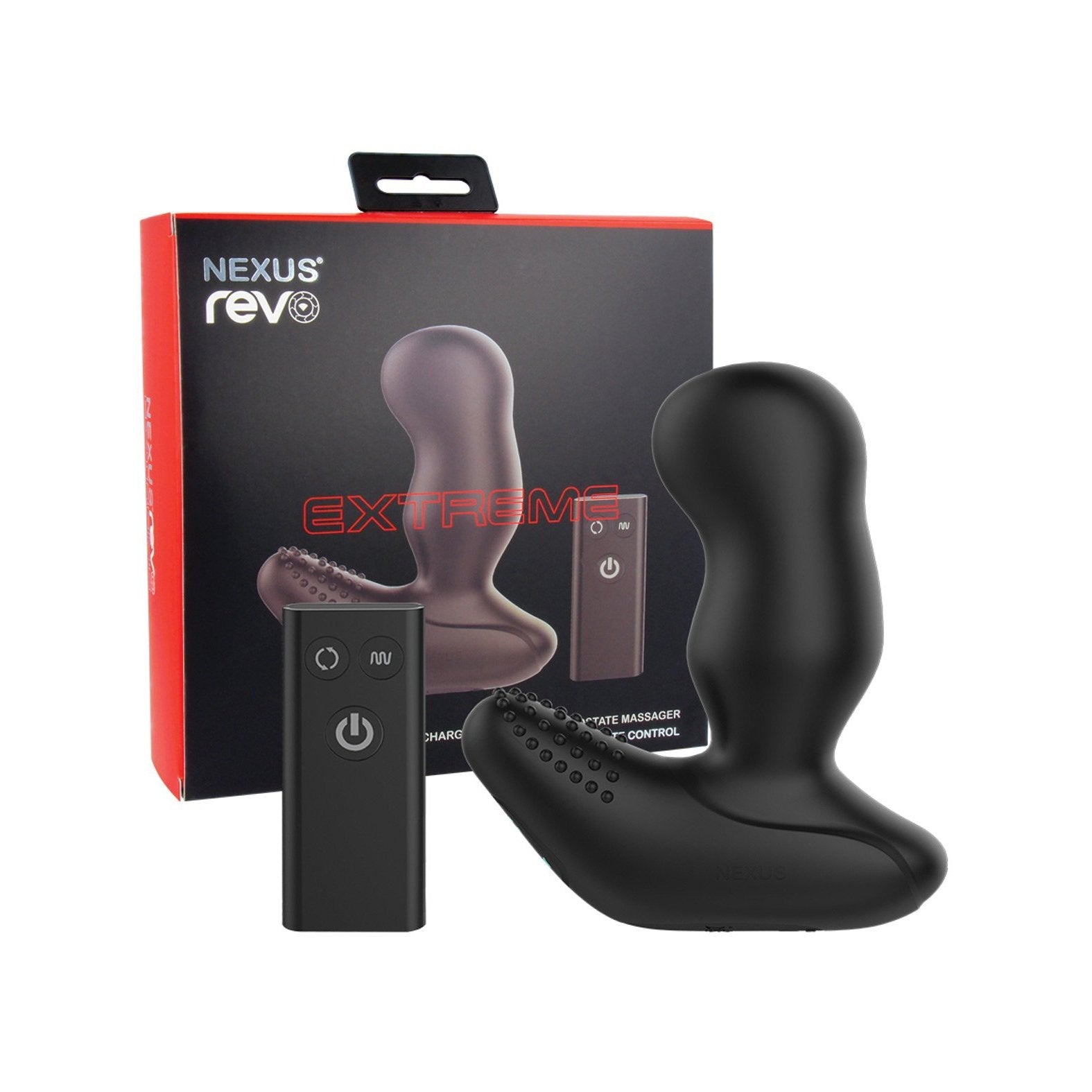 The Nexus Revo Extreme Rotating Prostate Massager set by Nexus features a sleek black curved massager, a remote control with power buttons, and packaging that prominently displays an image of the massager along with the word Extreme.