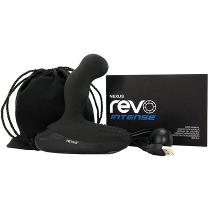 The Nexus Revo Intense Rotating Prostate Massager package comes with a silicone massager, an ergonomic black design, a black drawstring storage bag, USB charging cable, and user manual.