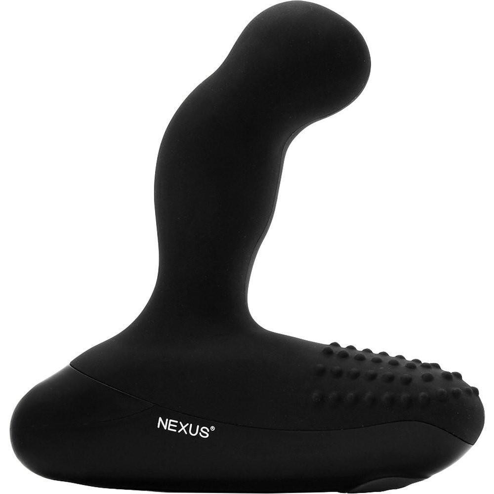 A black, curved rotating prostate massager with a textured base and silicone construction, named Nexus Revo Intense Rotating Prostate Massager.
