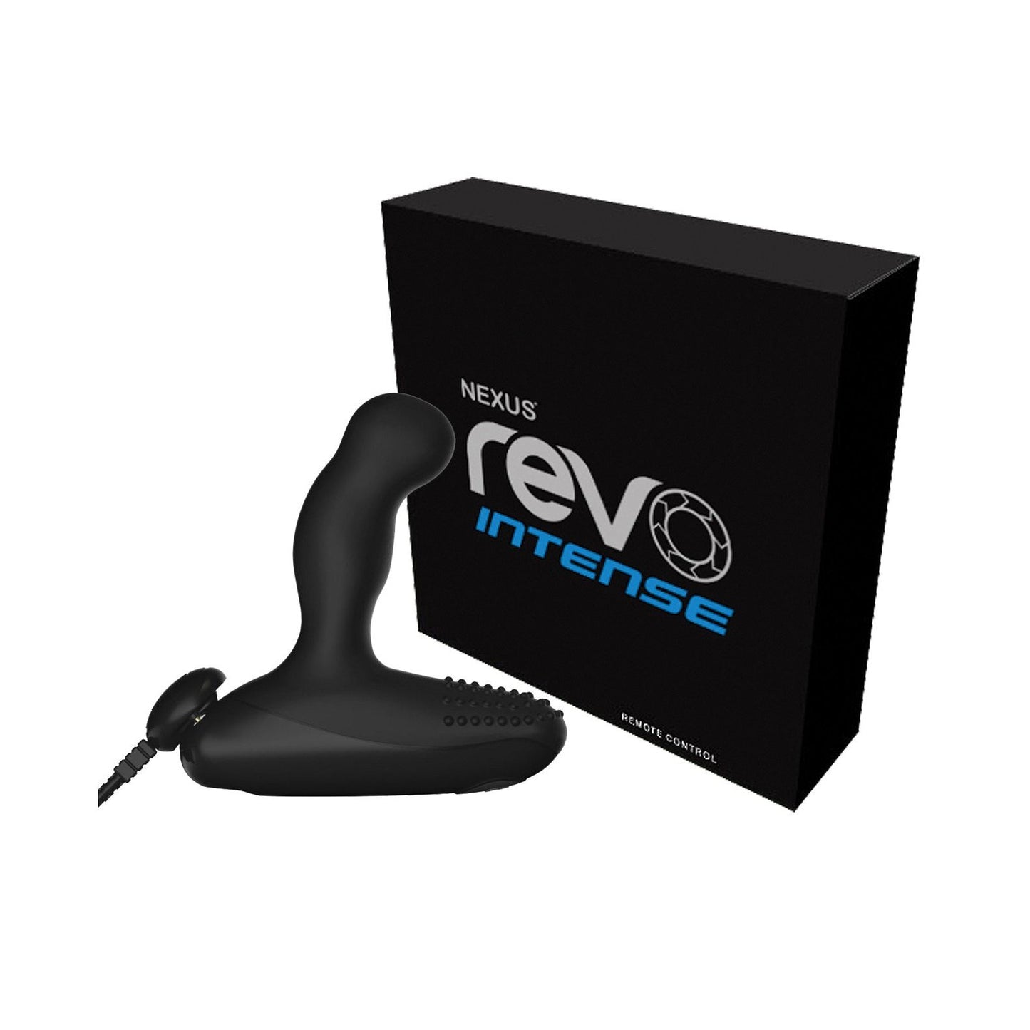 The Nexus Revo Intense Rotating Prostate Massager, in black, is showcased with its sleek packaging. The device boasts a curved design, textured base, and durable silicone construction. Its black box is accented with silver and blue text for a modern touch.