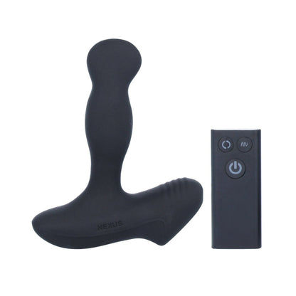The Nexus Revo Slim Rotating Prostate Massager by Nexus is a black silicone device with a curved, ergonomic design. It includes a shaft that rotates and comes with a matching sleek black remote featuring power and mode buttons.