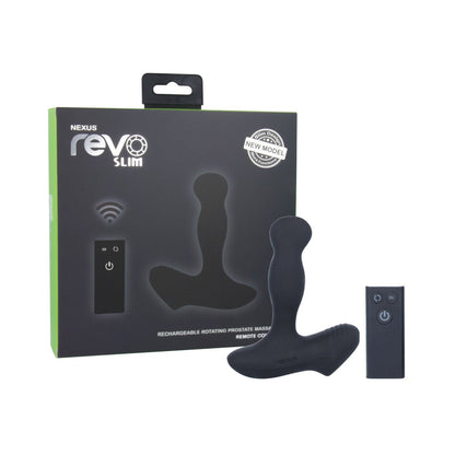 The Nexus Revo Slim Rotating Prostate Massager by Nexus showcases a sleek silicone design and a rotating shaft for exceptional prostate massage. The image features the device with its remote on a white background, and the product box boasts stylish green and black elements.