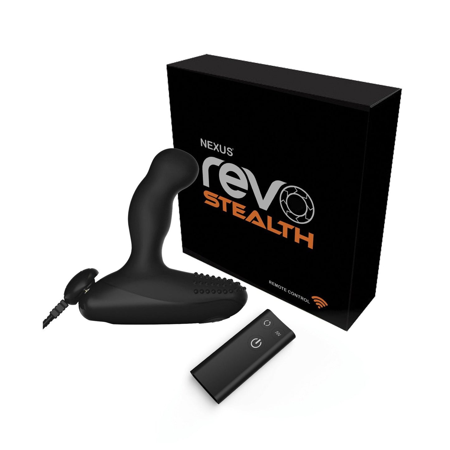 The Nexus Revo Stealth Remote Control Rotating Prostate Massager by Nexus features a sleek, curved design in black. Its packaging highlights its advanced wireless remote control for an unparalleled experience.