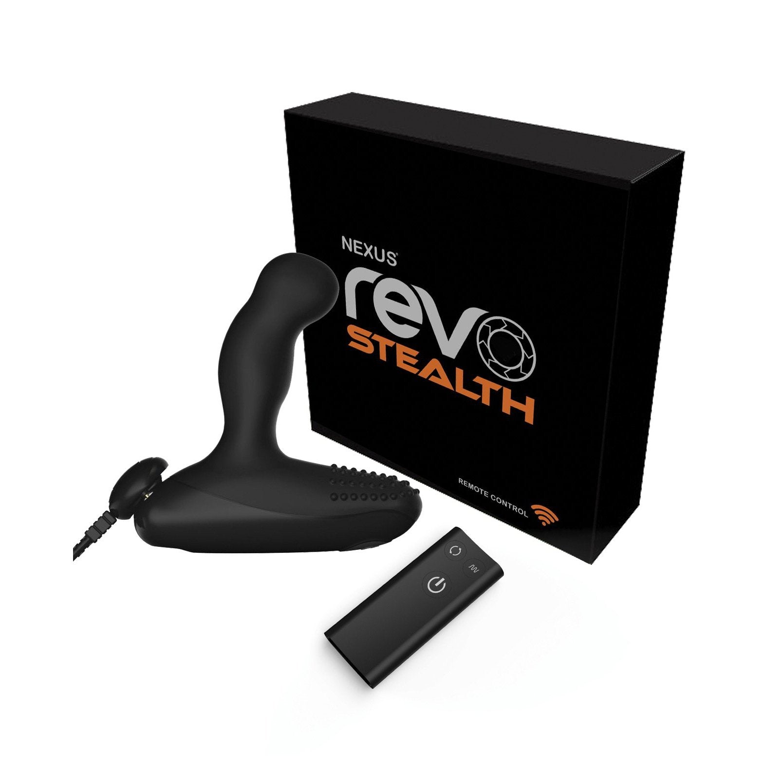 The Nexus Revo Stealth Remote Control Rotating Prostate Massager by Nexus features a sleek, curved design in black. Its packaging highlights its advanced wireless remote control for an unparalleled experience.