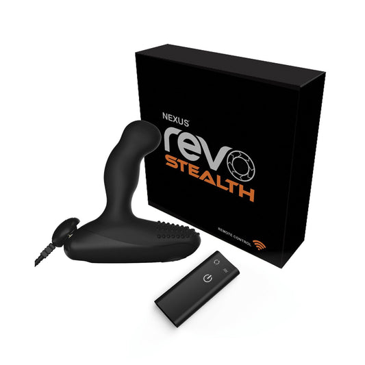 The Nexus Revo Stealth Remote Control Rotating Prostate Massager by Nexus features a sleek, curved design in black. Its packaging highlights its advanced wireless remote control for an unparalleled experience.