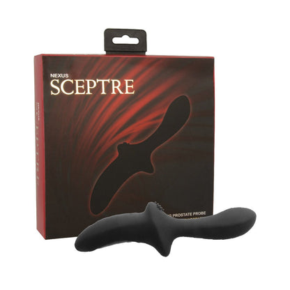 The packaging of the USB rechargeable Nexus Sceptre Rotating Prostate Probe sits beside the sleek black device, featuring a red and black design with its silhouette.