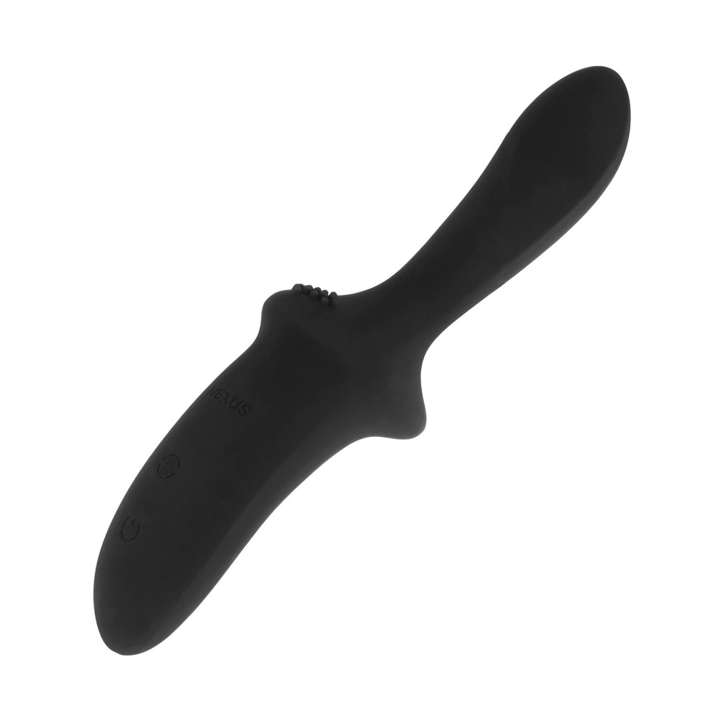 The Nexus Sceptre Rotating Prostate Probe by Nexus is a sleek black silicone ergonomic device with a curved shape and smooth texture. It has two side buttons and is USB rechargeable, offering convenience for personal use.