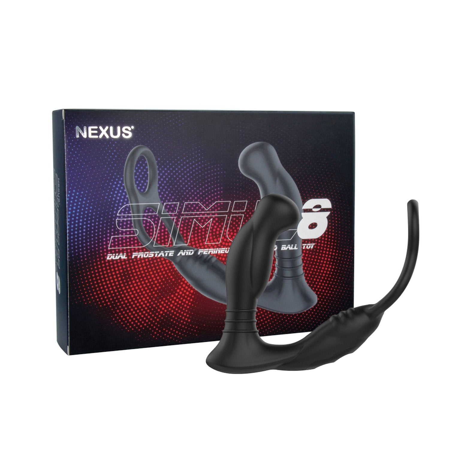 The Nexus Simul8, a USB rechargeable prostate massager with a sleek curved design, is showcased alongside its packaging, which prominently features the Nexus brand name and product details on a dark gradient background, enhancing its sophisticated allure.