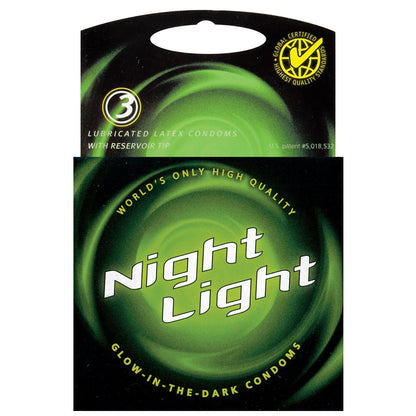 The Night Light Glow in the Dark Condom - Box of 3 packaging features a green and black design, promoting them as the Worlds Only High Quality lubricated premium latex condoms with a reservoir tip. A quality certification seal emphasizes their superior craftsmanship.