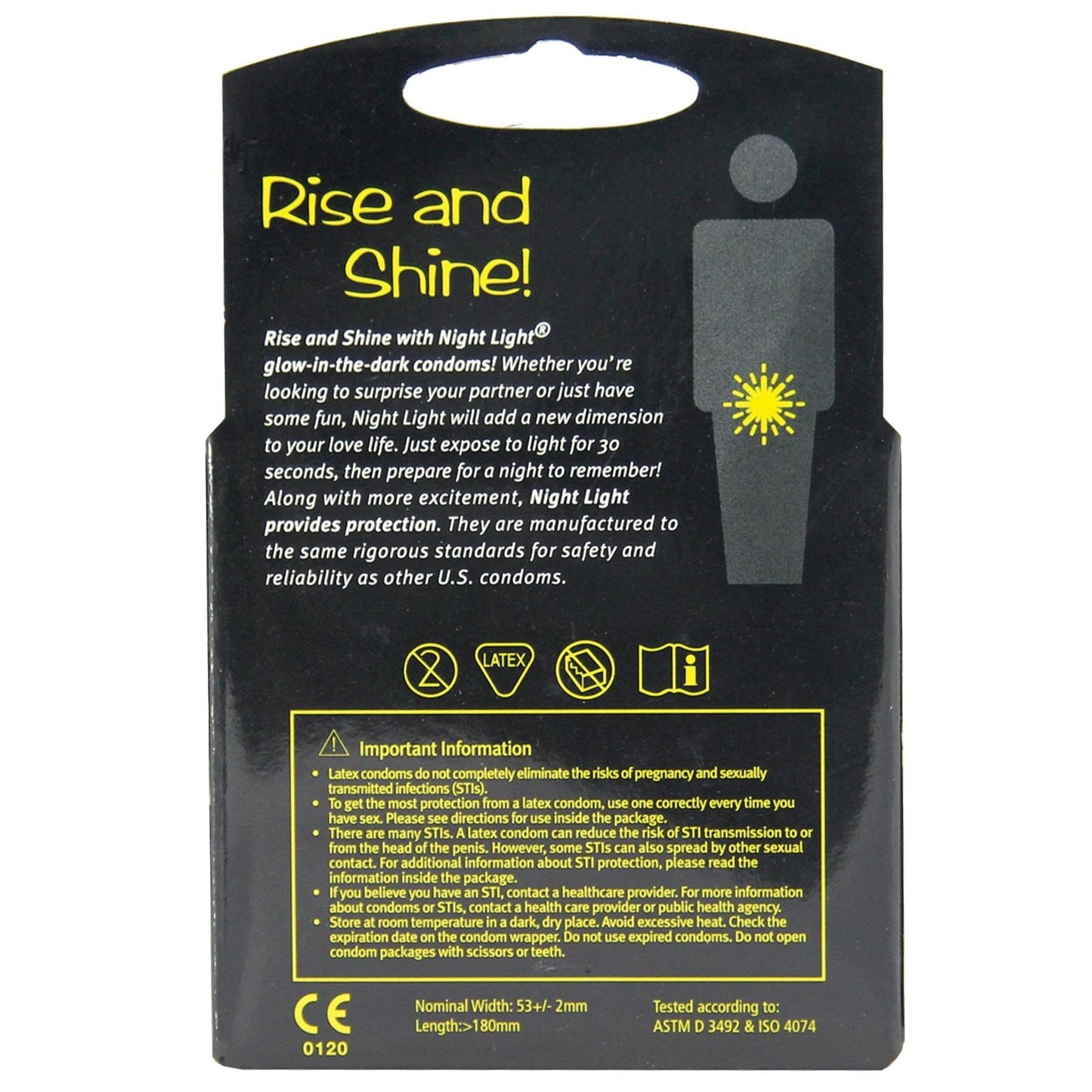 The Night Light Glow in the Dark Condom - Box of 3 highlights safety and regulations, offering extra fun for intimate times. The sleek black packaging with yellow text and a glowing star graphic showcases these premium latex condoms.
