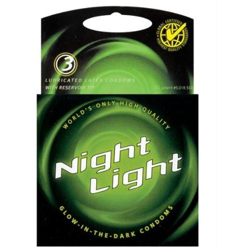 The Night Light Glow in the Dark Condoms box of 3 features a swirl design, boasting Worlds Only High-Quality Glow-in-the-Dark Condoms and Lubricated Latex Condoms with Reservoir Tip.