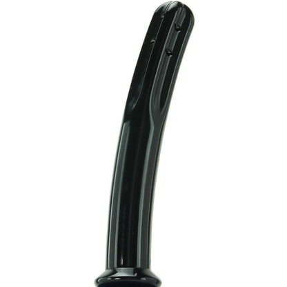 The NS Novelties Renegade Body Cleanser is a glossy black, slightly curved cylinder with grooves, two small holes near the top, and a smooth perforated nozzle. Its wider bottom resembles a handle, with a smooth reflective surface embodying its sleek design.
