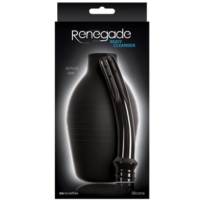 The image features the phthalate-free NS Novelties Renegade Body Cleanser, highlighting its sleek black packaging and smooth perforated nozzle. Crafted from silicone, the design emphasizes the actual size of this innovative product.