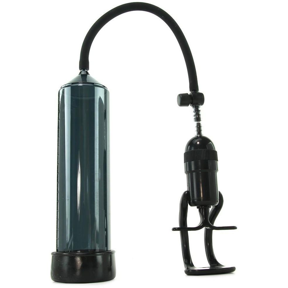 The NS Novelties Renegade Bolero Penis Pump includes a black vacuum with a clear chamber, an elastomeric sleeve for added comfort, and is linked by a flexible hose to a manual hand pump for easy one-handed use.